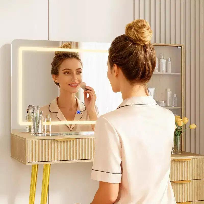 Toeletta da trucco con specchio, grande tavolo da trucco da 48W con 5 cassetti e ripiani aperti, toeletta con piano in vetro per camera da letto