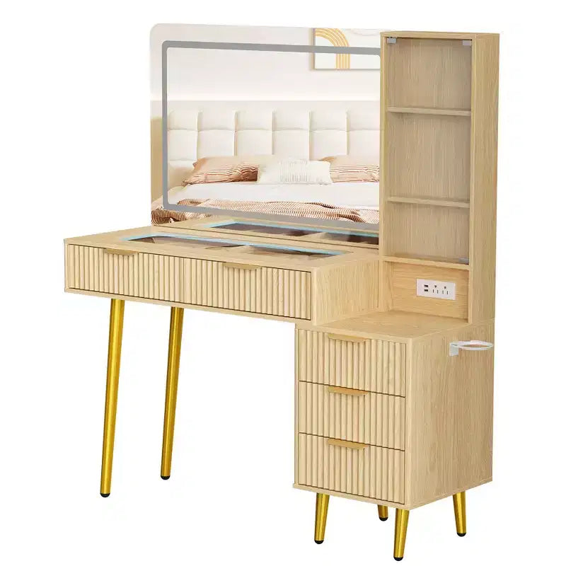 Toeletta da trucco con specchio, grande tavolo da trucco da 48W con 5 cassetti e ripiani aperti, toeletta con piano in vetro per camera da letto