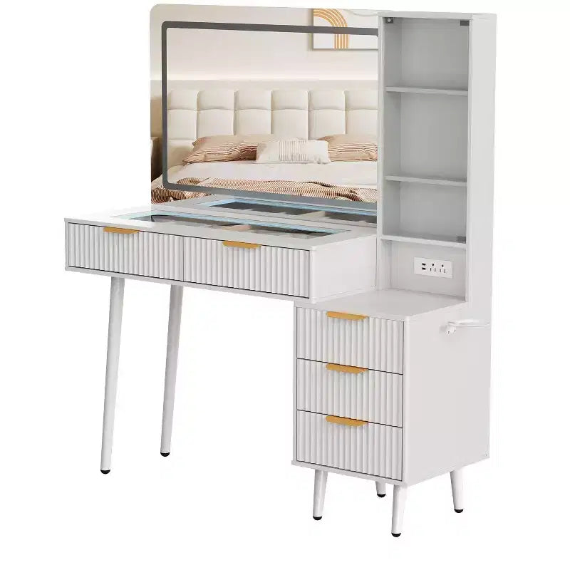 Toeletta da trucco con specchio, grande tavolo da trucco da 48W con 5 cassetti e ripiani aperti, toeletta con piano in vetro per camera da letto