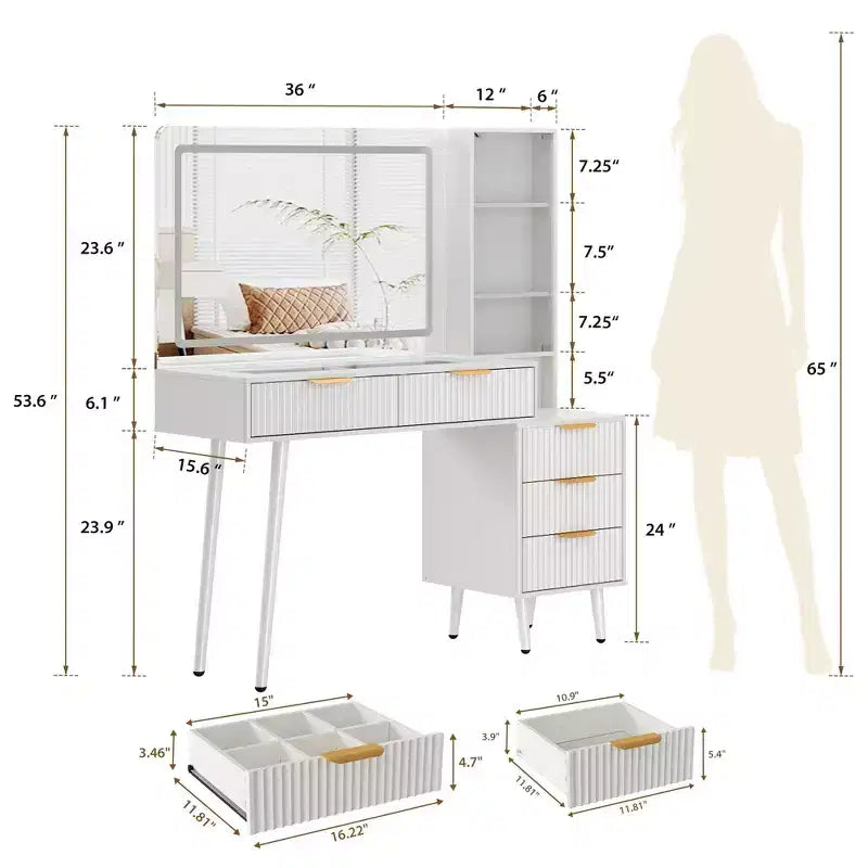 Toeletta da trucco con specchio, grande tavolo da trucco da 48W con 5 cassetti e ripiani aperti, toeletta con piano in vetro per camera da letto