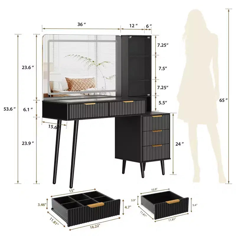Toeletta da trucco con specchio, grande tavolo da trucco da 48W con 5 cassetti e ripiani aperti, toeletta con piano in vetro per camera da letto