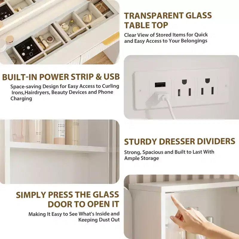 Toeletta da trucco con specchio, grande tavolo da trucco da 48W con 5 cassetti e ripiani aperti, toeletta con piano in vetro per camera da letto