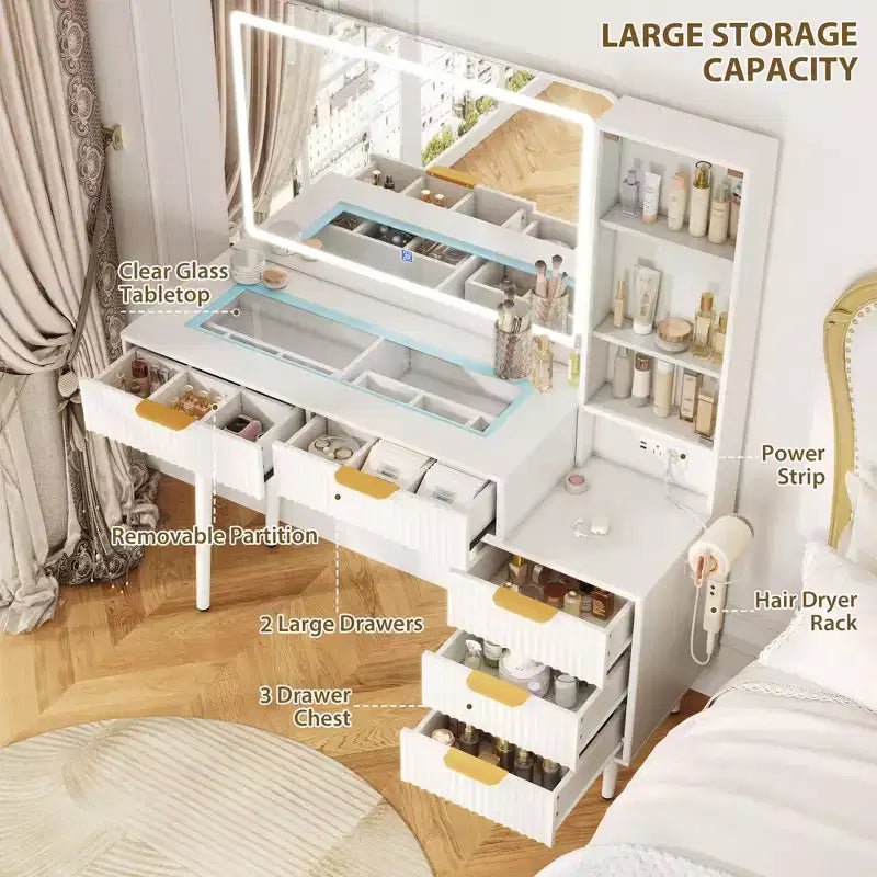 Toeletta da trucco con specchio, grande tavolo da trucco da 48W con 5 cassetti e ripiani aperti, toeletta con piano in vetro per camera da letto