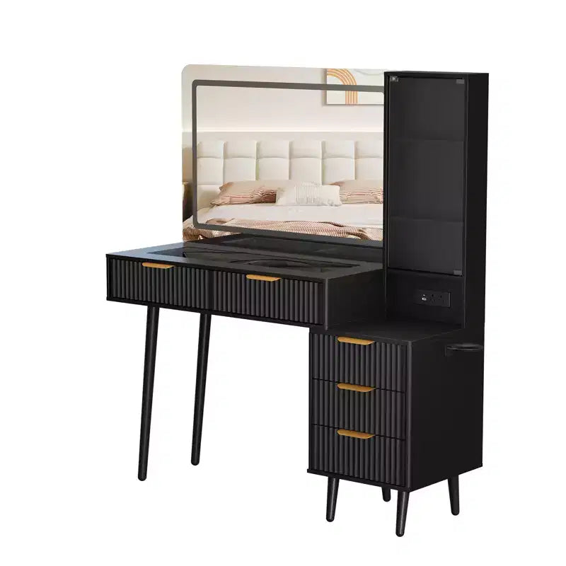 Toeletta da trucco con specchio, grande tavolo da trucco da 48W con 5 cassetti e ripiani aperti, toeletta con piano in vetro per camera da letto