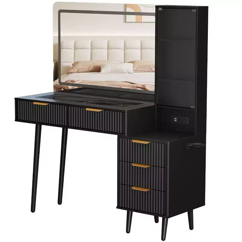 Toeletta da trucco con specchio, grande tavolo da trucco da 48W con 5 cassetti e ripiani aperti, toeletta con piano in vetro per camera da letto