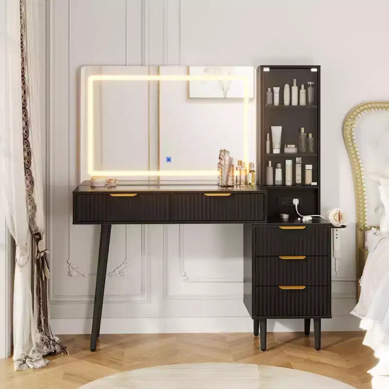 Toeletta da trucco con specchio, grande tavolo da trucco da 48W con 5 cassetti e ripiani aperti, toeletta con piano in vetro per camera da letto