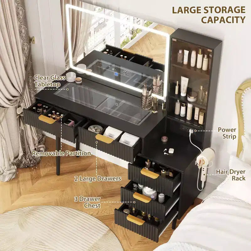 Toeletta da trucco con specchio, grande tavolo da trucco da 48W con 5 cassetti e ripiani aperti, toeletta con piano in vetro per camera da letto