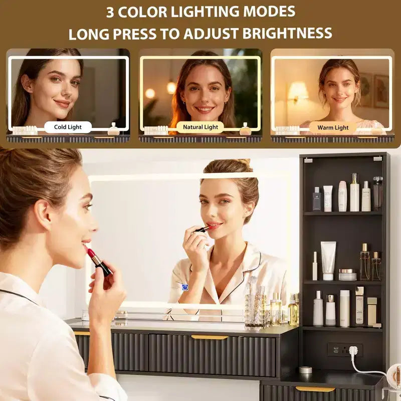 Toeletta da trucco con specchio, grande tavolo da trucco da 48W con 5 cassetti e ripiani aperti, toeletta con piano in vetro per camera da letto