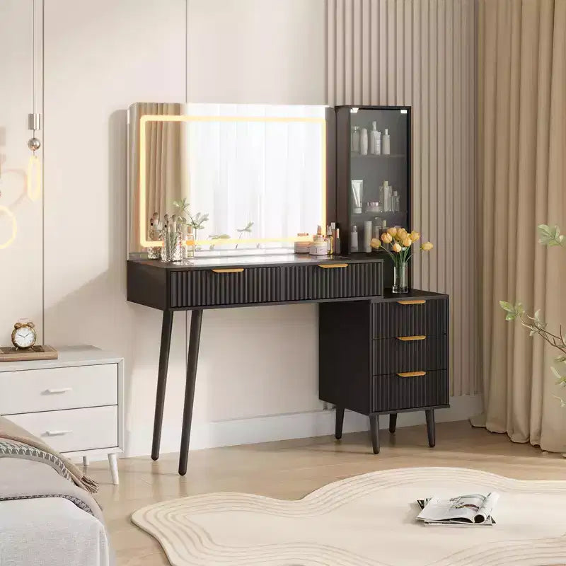 Makeup Vanity Desk with Mirror, 48W Large Dressing Table With 5 Drawers & Open Storage Shelves, Glass Top Makeup Vanity Table for Bedroom