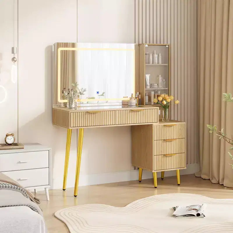 Toeletta da trucco con specchio, grande tavolo da trucco da 48W con 5 cassetti e ripiani aperti, toeletta con piano in vetro per camera da letto