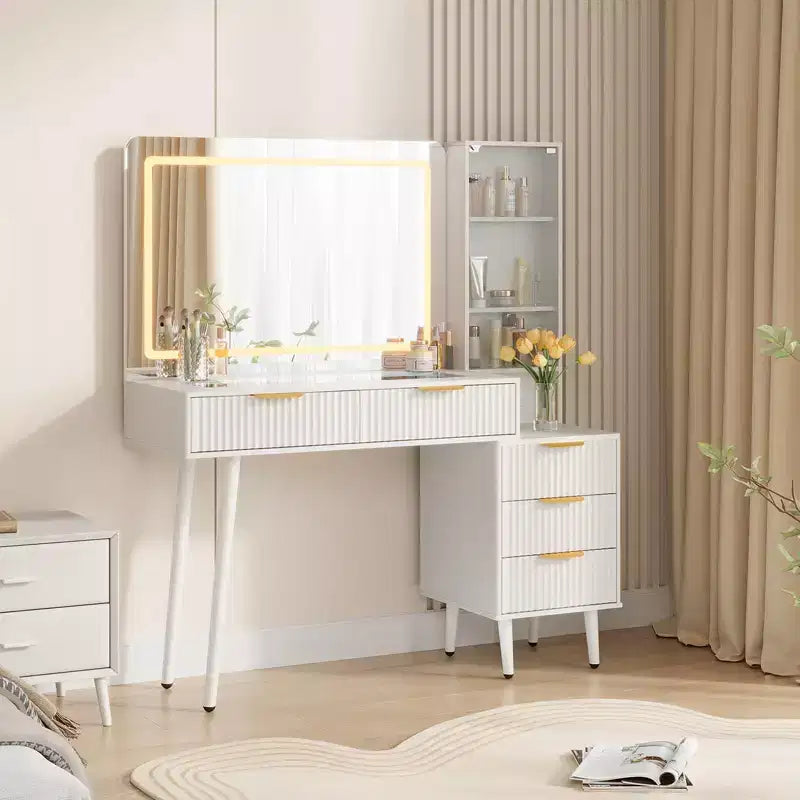 Toeletta da trucco con specchio, grande tavolo da trucco da 48W con 5 cassetti e ripiani aperti, toeletta con piano in vetro per camera da letto