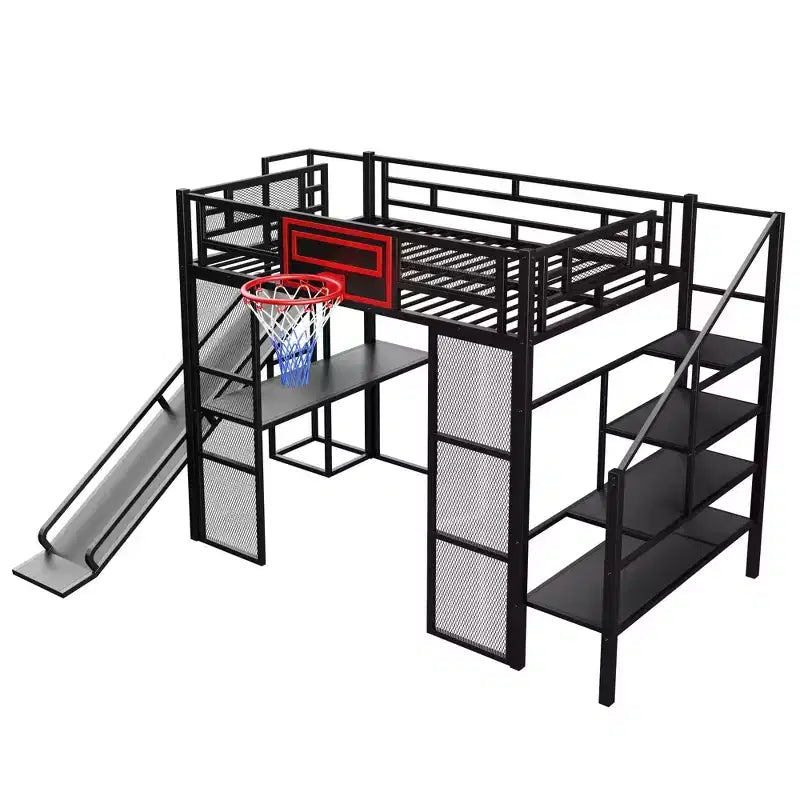 Letto a soppalco in metallo di dimensioni standard con scrivania e armadio integrati, letto a soppalco resistente con scivolo, scala e canestro da basket