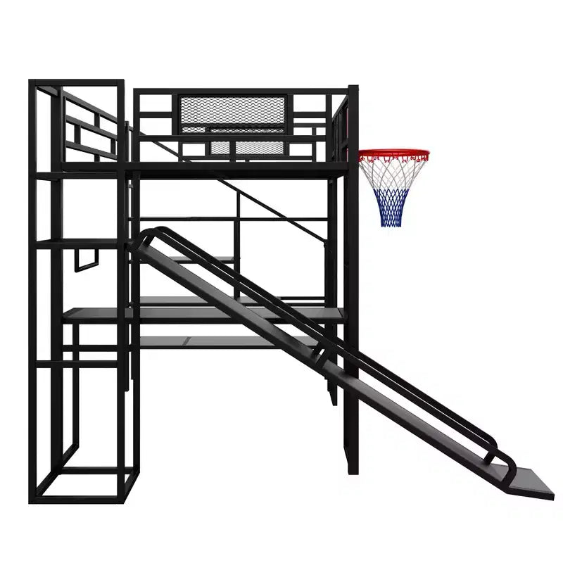 Letto a soppalco in metallo di dimensioni standard con scrivania e armadio integrati, letto a soppalco resistente con scivolo, scala e canestro da basket