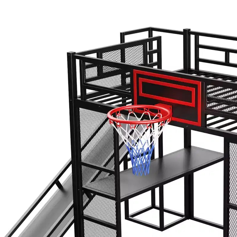 Letto a soppalco in metallo di dimensioni standard con scrivania e armadio integrati, letto a soppalco resistente con scivolo, scala e canestro da basket