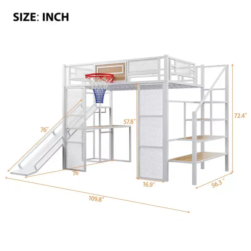 Letto a soppalco in metallo di dimensioni standard con scrivania e armadio integrati, letto a soppalco resistente con scivolo, scala e canestro da basket