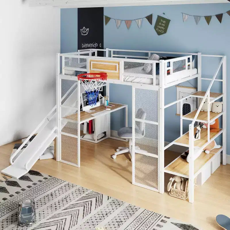 Letto a soppalco in metallo di dimensioni standard con scrivania e armadio integrati, letto a soppalco resistente con scivolo, scala e canestro da basket