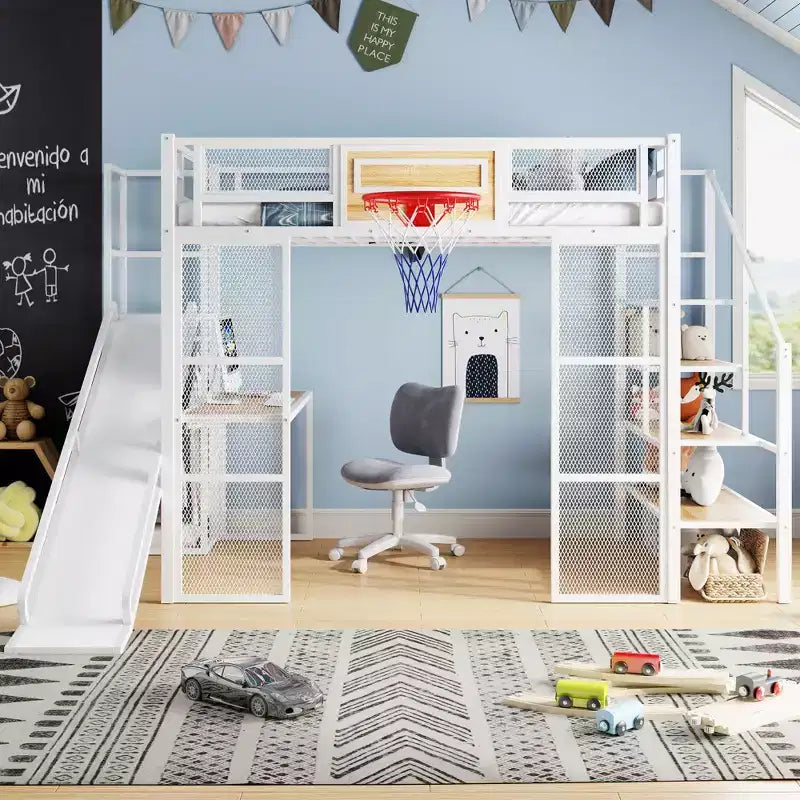 Letto a soppalco in metallo di dimensioni standard con scrivania e armadio integrati, letto a soppalco resistente con scivolo, scala e canestro da basket