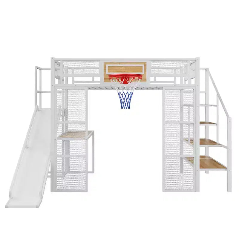 Letto a soppalco in metallo di dimensioni standard con scrivania e armadio integrati, letto a soppalco resistente con scivolo, scala e canestro da basket