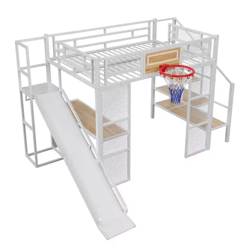 Letto a soppalco in metallo di dimensioni standard con scrivania e armadio integrati, letto a soppalco resistente con scivolo, scala e canestro da basket