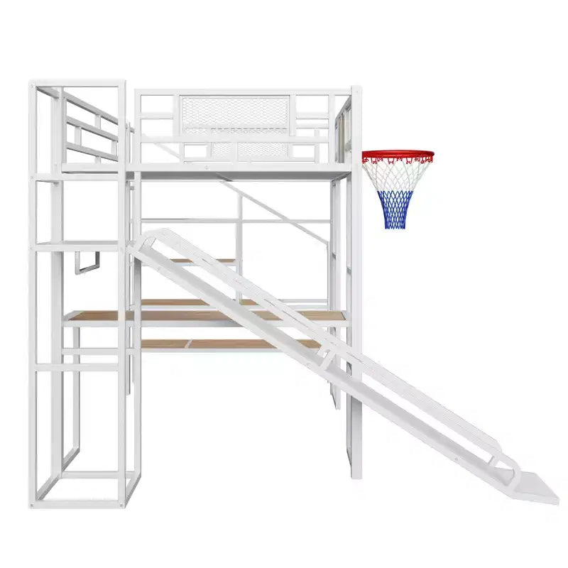 Letto a soppalco in metallo di dimensioni standard con scrivania e armadio integrati, letto a soppalco resistente con scivolo, scala e canestro da basket