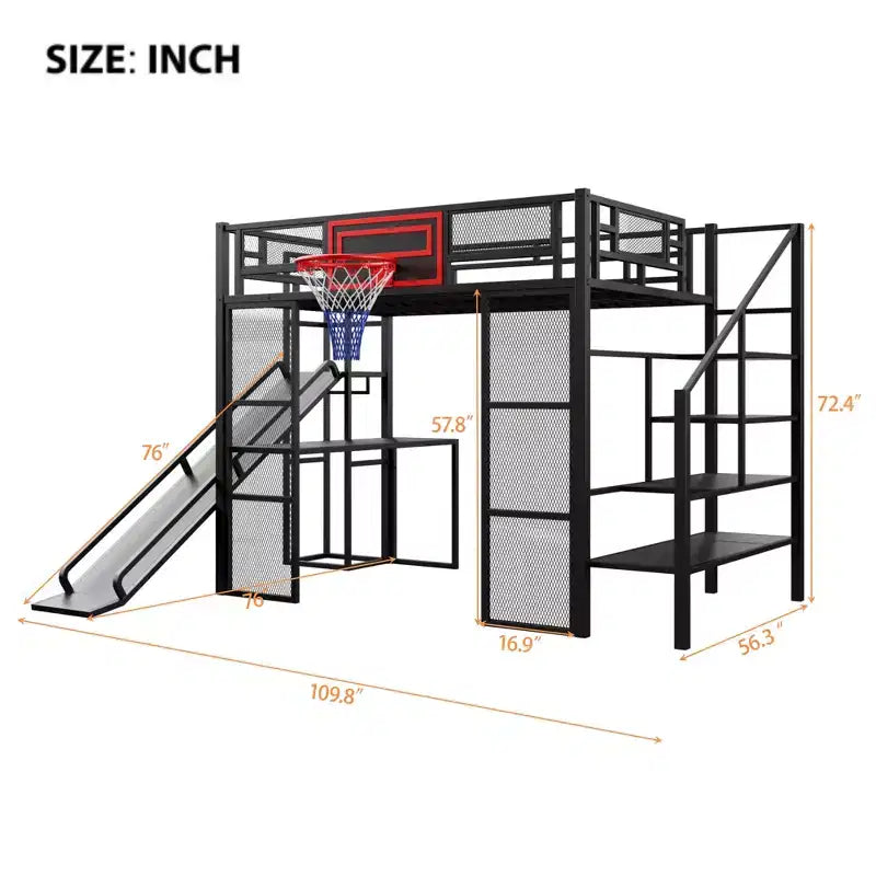 Letto a soppalco in metallo di dimensioni standard con scrivania e armadio integrati, letto a soppalco resistente con scivolo, scala e canestro da basket