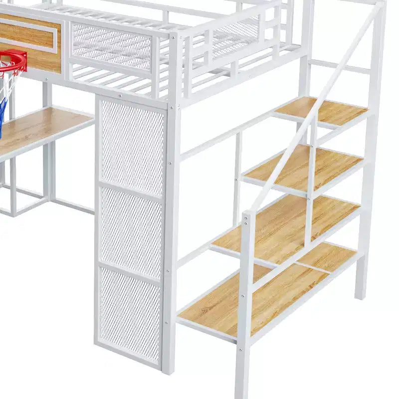 Letto a soppalco in metallo di dimensioni standard con scrivania e armadio integrati, letto a soppalco resistente con scivolo, scala e canestro da basket