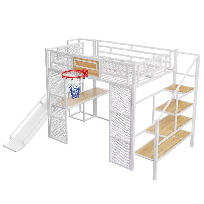 Letto a soppalco in metallo di dimensioni standard con scrivania e armadio integrati, letto a soppalco resistente con scivolo, scala e canestro da basket