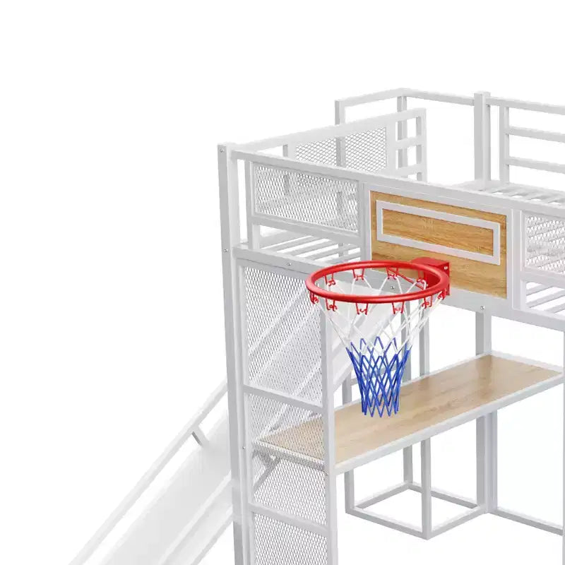 Letto a soppalco in metallo di dimensioni standard con scrivania e armadio integrati, letto a soppalco resistente con scivolo, scala e canestro da basket