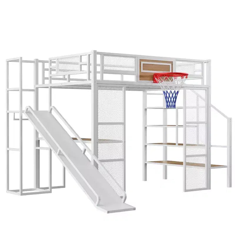 Letto a soppalco in metallo di dimensioni standard con scrivania e armadio integrati, letto a soppalco resistente con scivolo, scala e canestro da basket