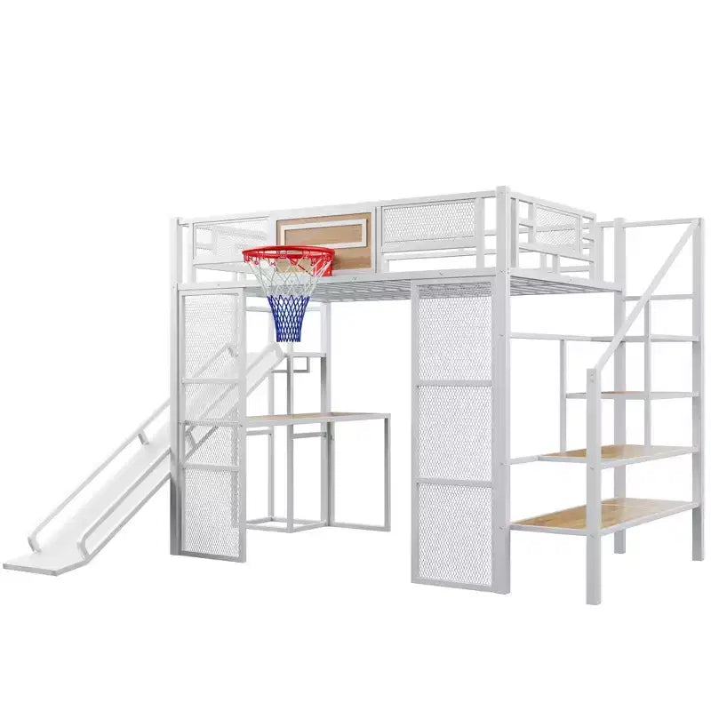 Letto a soppalco in metallo di dimensioni standard con scrivania e armadio integrati, letto a soppalco resistente con scivolo, scala e canestro da basket