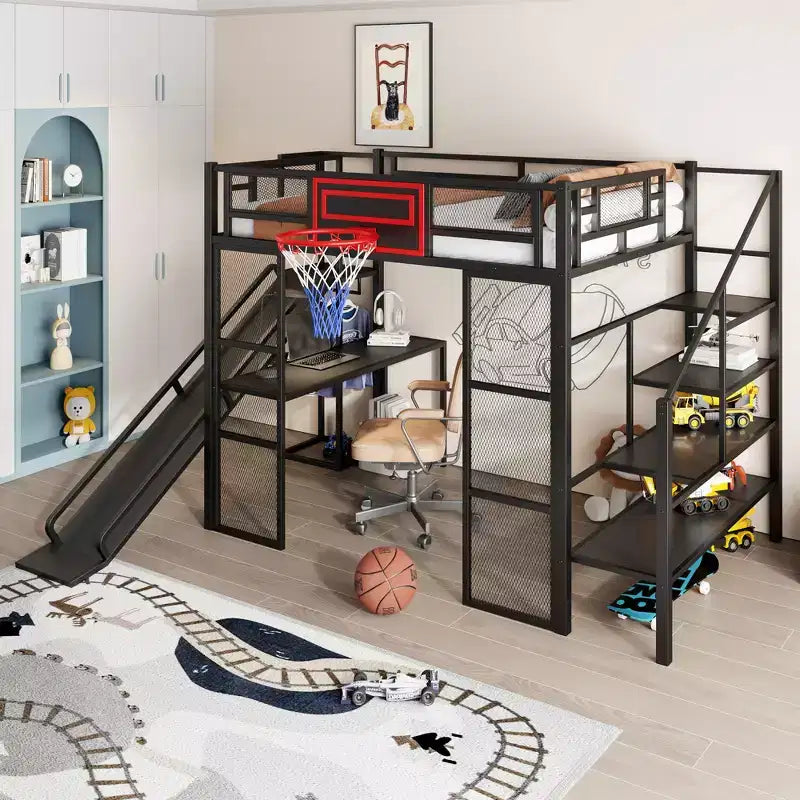 Letto a soppalco in metallo di dimensioni standard con scrivania e armadio integrati, letto a soppalco resistente con scivolo, scala e canestro da basket