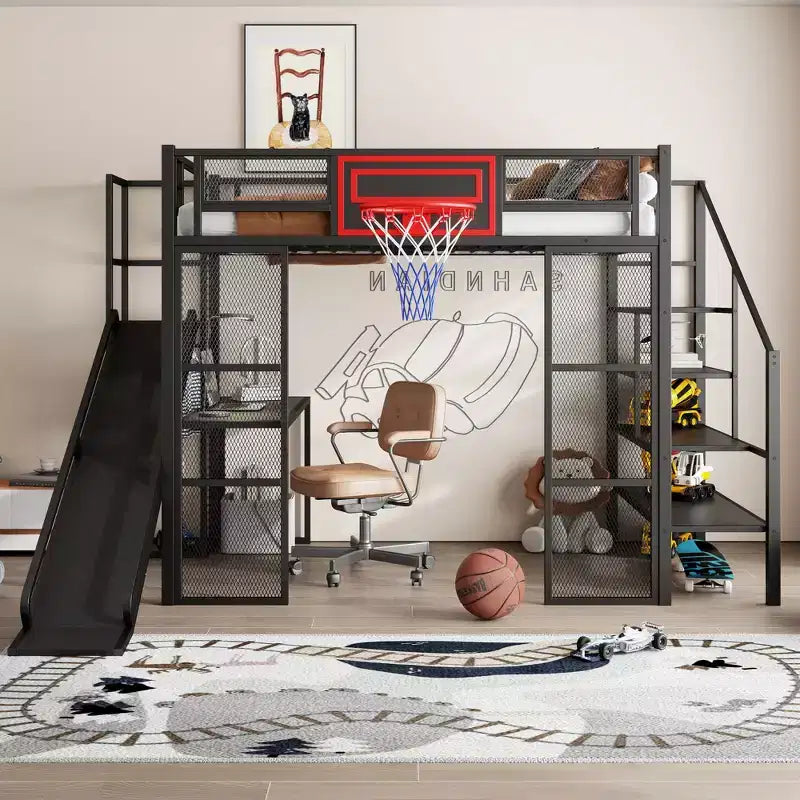Letto a soppalco in metallo di dimensioni standard con scrivania e armadio integrati, letto a soppalco resistente con scivolo, scala e canestro da basket