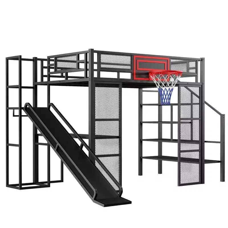 Letto a soppalco in metallo di dimensioni standard con scrivania e armadio integrati, letto a soppalco resistente con scivolo, scala e canestro da basket