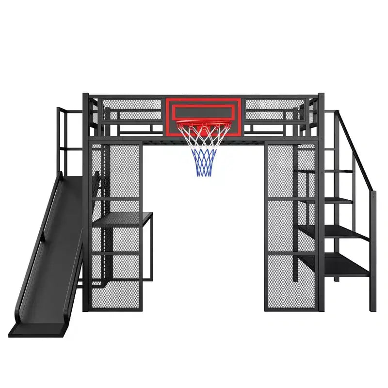 Letto a soppalco in metallo di dimensioni standard con scrivania e armadio integrati, letto a soppalco resistente con scivolo, scala e canestro da basket