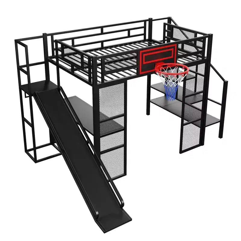 Letto a soppalco in metallo di dimensioni standard con scrivania e armadio integrati, letto a soppalco resistente con scivolo, scala e canestro da basket