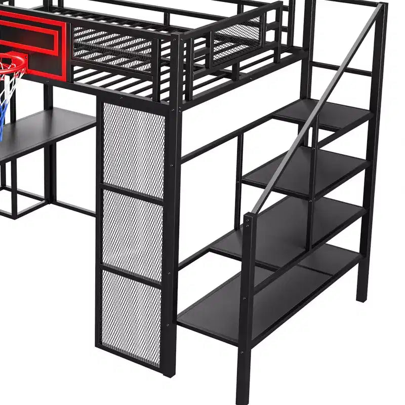 Letto a soppalco in metallo di dimensioni standard con scrivania e armadio integrati, letto a soppalco resistente con scivolo, scala e canestro da basket