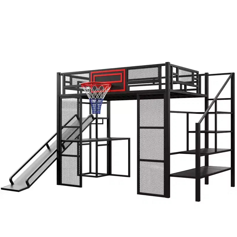 Letto a soppalco in metallo di dimensioni standard con scrivania e armadio integrati, letto a soppalco resistente con scivolo, scala e canestro da basket