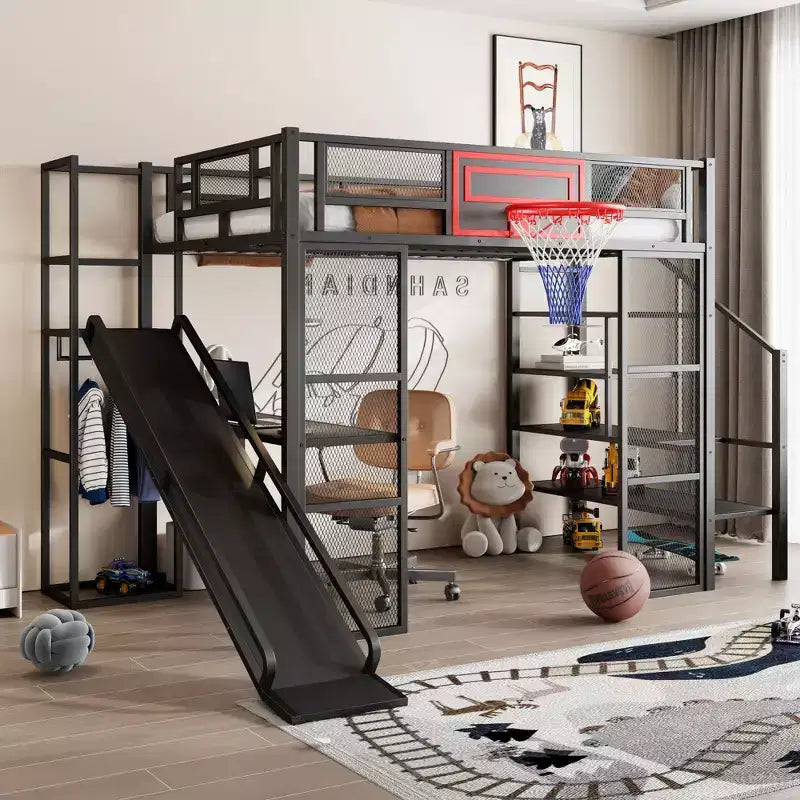 Full Size Metal Loft Bed with Built-in Desk and Wardrobe, Heavy Duty Loft Bed with Slide and Staircase & Basketball Hoop