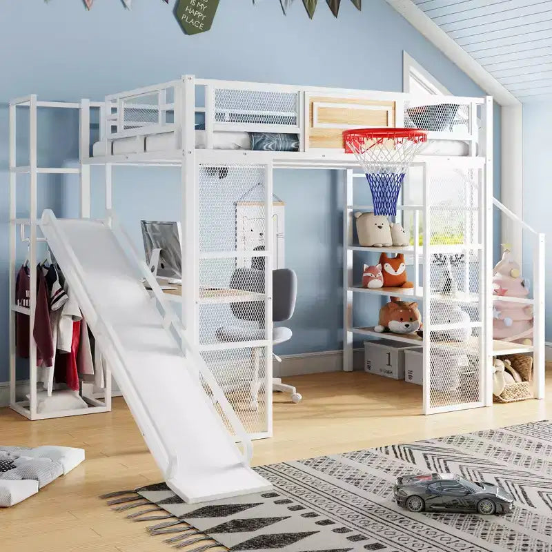 Letto a soppalco in metallo di dimensioni standard con scrivania e armadio integrati, letto a soppalco resistente con scivolo, scala e canestro da basket