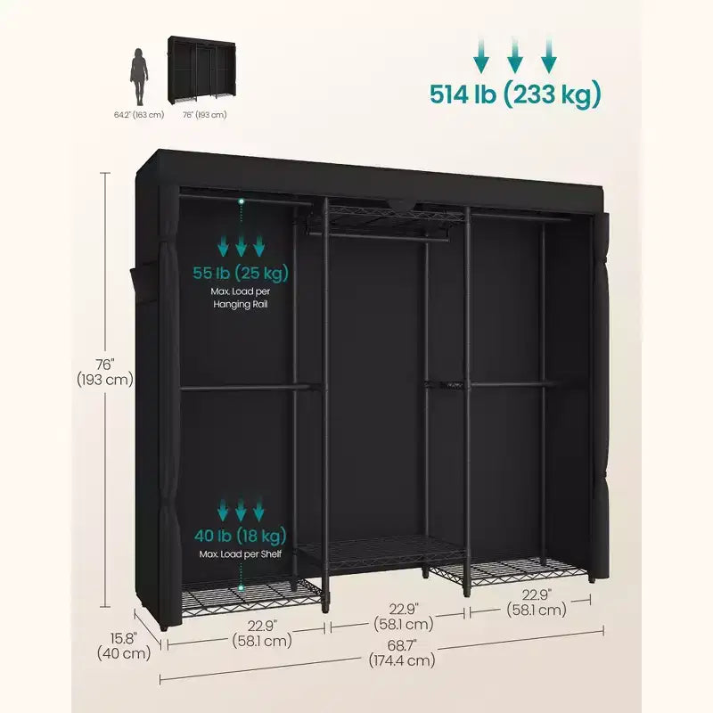 Appendiabiti resistente con 5 aste appendiabiti e 6 ripiani a rete, capacità di 233 kg, armadio portatile, montaggio senza attrezzi, nero inchiostro