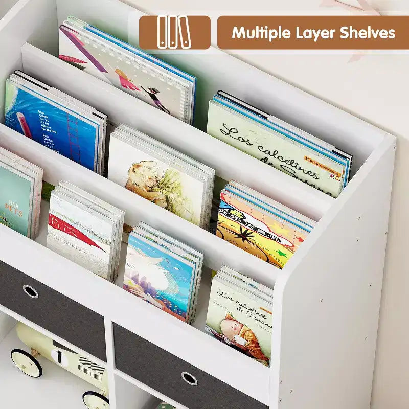 Libreria per Bambini in Legno da 121 cm con 4 Cassetti Porta Libri Organizer Giocattoli Scaffale Contenitore per Sala Giochi Aula