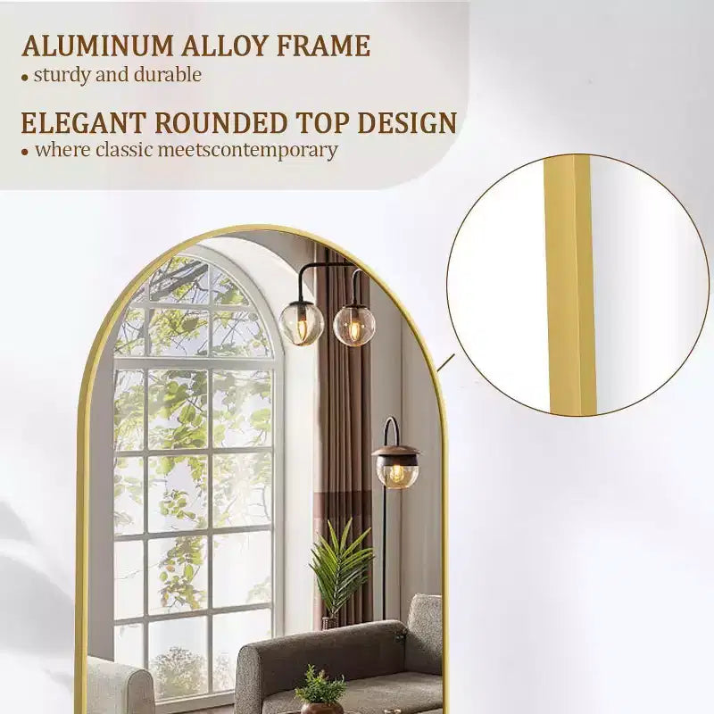 Specchio intero 64x21, specchio da parete da appendere o da appoggiare, a figura intera con parte superiore ad arco e supporto per camera da letto, spogliatoio, oro