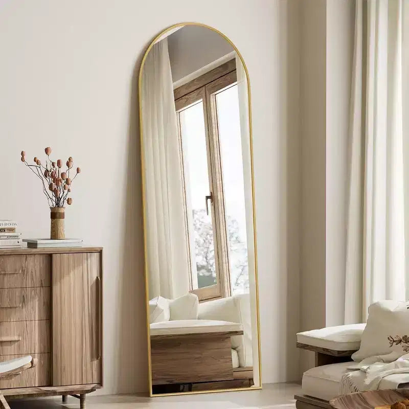 Specchio intero 64x21, specchio da parete da appendere o da appoggiare, a figura intera con parte superiore ad arco e supporto per camera da letto, spogliatoio, oro