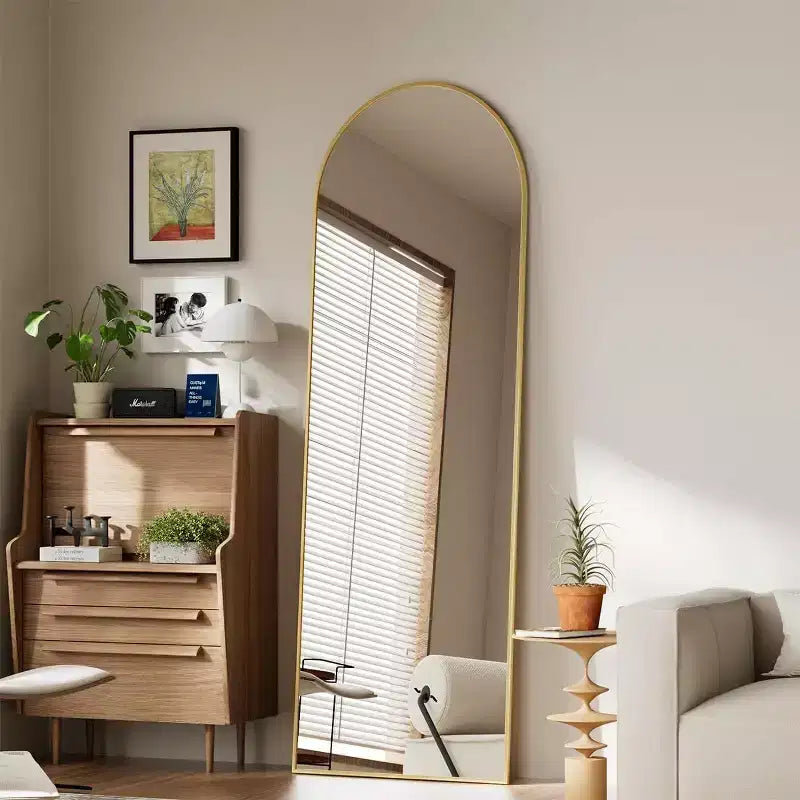 Specchio intero 64x21, specchio da parete da appendere o da appoggiare, a figura intera con parte superiore ad arco e supporto per camera da letto, spogliatoio, oro