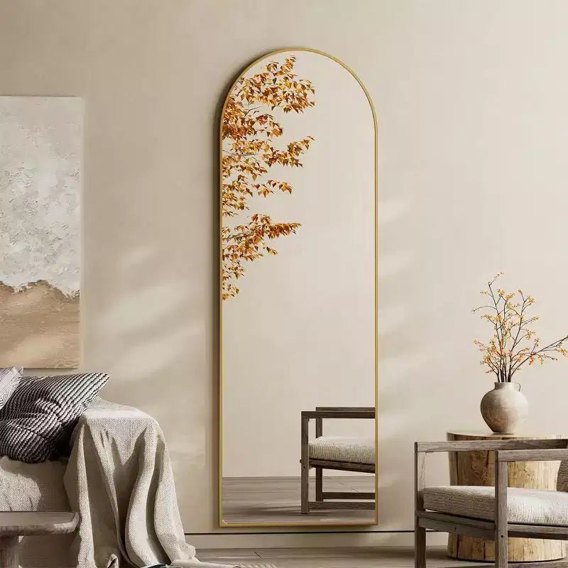 Specchio intero 64x21, specchio da parete da appendere o da appoggiare, a figura intera con parte superiore ad arco e supporto per camera da letto, spogliatoio, oro