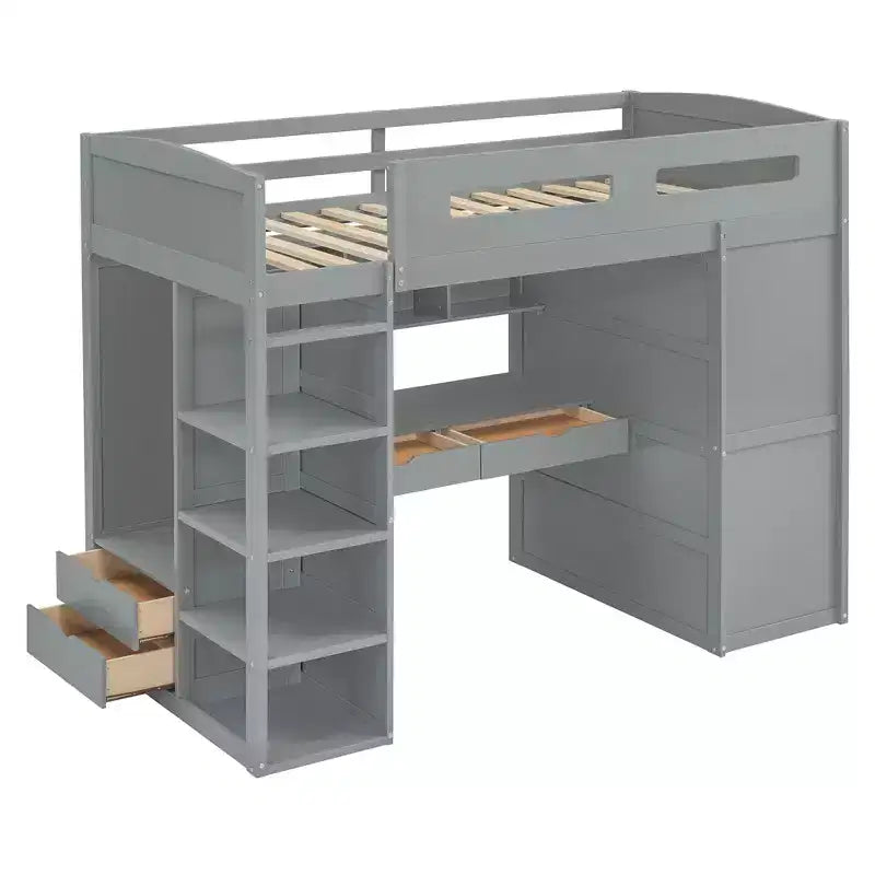 Bellemave Twin Loft Bed with Desk, Wardrobe, Drawers & Shelves, Wooden Space-Saving Bed for Kids, Teens & Adults, Gray