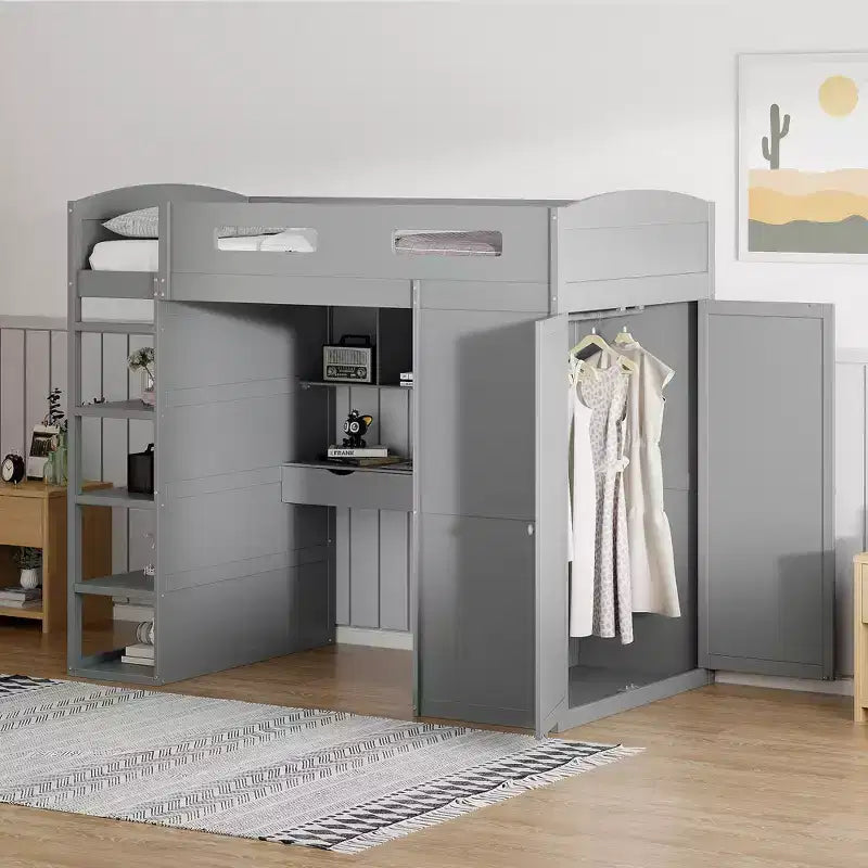 Letto a Soppalco Matrimoniale con Scrivania, Armadio, Cassetti e Ripiani – Letto Salvaspazio per Bambini e Ragazzi, Grigio