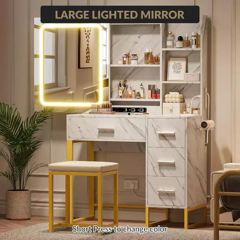 Toeletta con Specchio Scorrevole, Luci LED, 4 Cassetti e Sgabello – Tavolo Trucco con Illuminazione Regolabile