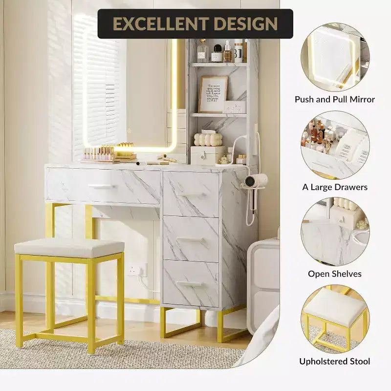 Toeletta con Specchio Scorrevole, Luci LED, 4 Cassetti e Sgabello – Tavolo Trucco con Illuminazione Regolabile
