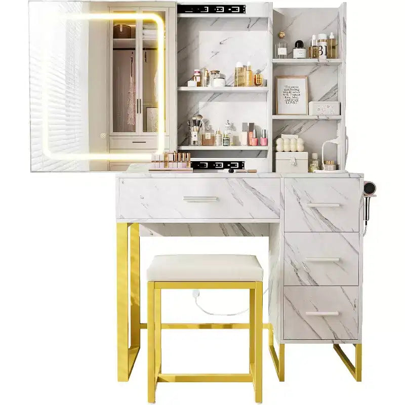 Toeletta con Specchio Scorrevole, Luci LED, 4 Cassetti e Sgabello – Tavolo Trucco con Illuminazione Regolabile